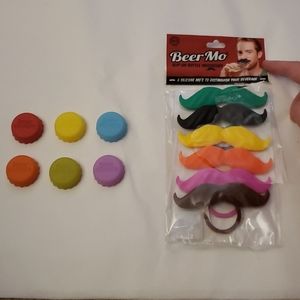 6 Beer Saver caps and 6 slip on bottle mustache